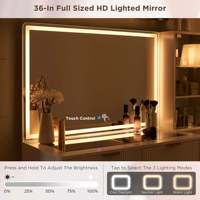 Meja Rias Modern Putih dengan Cermin Berlampu, 5 Laci, Rak, Permukaan Kaca, Meja Rias Modern Besar untuk Kamar Tidur, Panel Kayu