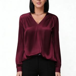 Women's Satin V-Neck Blouse Long Puff Sleeve Casual Office <b>Top</b> Shirt Fashion - Product Image 3