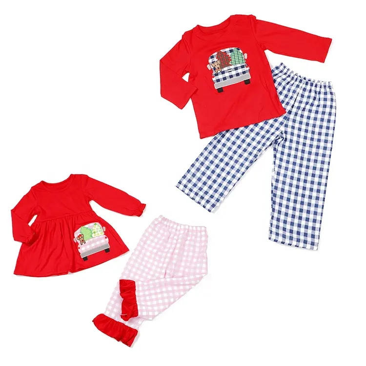baby boys Christmas truck applique clothing sets kids boy long sleeve gingham pants set toddler winter boutique outfits
