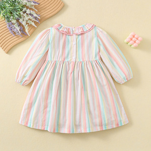 Abito da bambina in cotone con ricamo a cartoni animati arcobaleno, gonna a righe colorate con coulisse, nuova collezione primavera autunno 2026 - Product Image 2