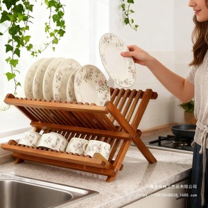 Double Layer Wooden Dish <b>Rack</b> Folding Kitchen Drain <b>Rack</b> For <b>Plates</b> Cups Storage Brown - Product Image 2