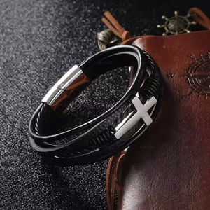 <b>Men</b> Braided Cross Jewelry Stainless Steel Black Leather Bracelet Man's Hot-sale Leather <b>Bangle</b> - Product Image 3