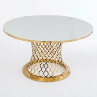 Mesa redonda de lujo con pedestal dorado tejido, tapa de cristal para hotel, banquete, boda, evento, restaurante