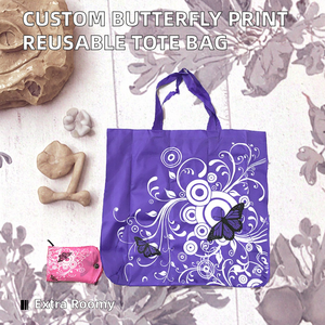 Bolsa de Compras Plegable Reutilizable con Logotipo Personalizado Xuanhe, Diseño Estampado de Mariposas y Rayas, Tamaño Grande, Poliéster, Asa Larga - Product Image 2