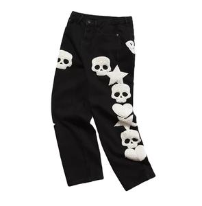 Pantalon de survêtement évasé en denim de coton épais noir pour <span class=keywords><strong>homme</strong></span>, style streetwear hip-hop, avec broderie en tissu éponge - Product Image 2