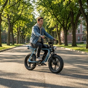 Vélo électrique vintage cool avec un grand phare rond, vélo élégant à pneus larges pour les déplacements sur le campus universitaire - Product Image 2