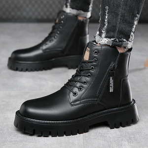 Botas Martin para Hombre, Estilo Sólido, Punta Redonda, Cuero Genuino, Forro de Felpa, Suela de Goma que Aumenta la Altura - Product Image 3