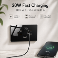 Prise murale USB-C standard américaine 6 ports 10A 20W à charge rapide, panneau en verre trempé blanc, noir, gris pour maison et hôtel