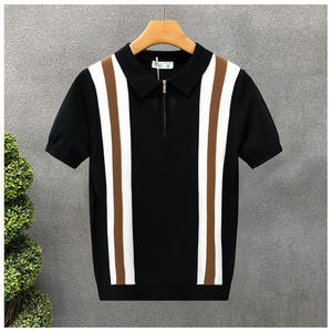 เสื้อโปโลผู้ชายสไตล์เกาหลีสำหรับฤดูร้อน เนื้อผ้าไหมน้ำแข็งระบายอากาศดี ลายทางแนวตั้ง  ถักทออย่างประณีต เหมาะสำหรับวัยรุ่น สวมใส่สบายๆ - Product Image 3