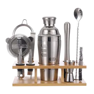 Hochwertiges individuelles Cocktail-Shaker-Set Edelstahl Barman-Werkzeugset mit Bambusständer