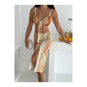 Women's Patterned Lycra Strappy Crop <b>Top</b> And Slit Midi Skirt Set - Product Image 2