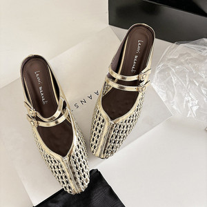 EVERGREEN Waterproof Knitted Mesh Breathable Casual Slippers Genuine Leather Upper Thick Low Heel Large Size Ankle-Wrap Slip-On - Product Image 2