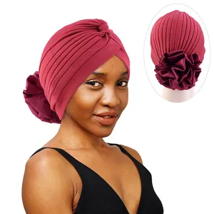 女性花朵皱褶头巾帽穆斯林弹性珍珠头巾帽子女士发饰印度帽
