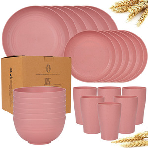 24 pièces de <span class=keywords><strong>vaisselle</strong></span> incassable rose ensemble de <span class=keywords><strong>vaisselle</strong></span> en <span class=keywords><strong>plastique</strong></span> paille de blé pour 6 micro-ondes lave-<span class=keywords><strong>vaisselle</strong></span> assiettes bols tasses ensemble - Product Image 1