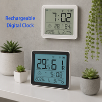 Jam Alarm Digital Meja Isi Ulang Bentuk Kotak dengan Termometer-Higrometer, Tampilan Kalender, dan Lampu Latar Elektronik untuk Rumah dan Kantor