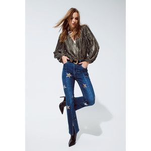 Jeans svasati con stelle lucide dettaglio in blu - Product Image 5