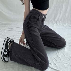 Wholesale New Fashion Women Denim Jeans Slant Waist Button Wide <b>Leg</b> <b>Straight</b> Retro <b>Trousers</b> Pants Girls Casual Jeans J0184 - Product Image 6