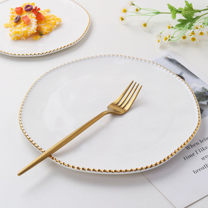 Assiettes de dîner en céramique blanches, bordure dorée perlée, pour mariage, vente en gros, best-seller - Product Image 4