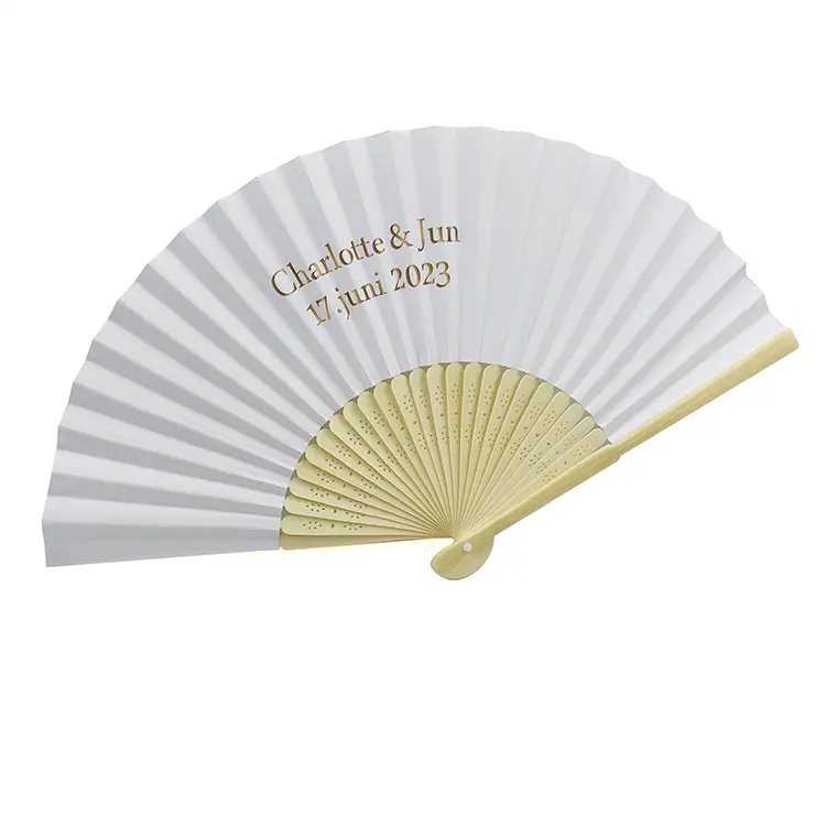 Adedi 50 adet kişiselleştirilmiş bambu özel el fan kağıt kumaş baskı katlanır el Fan düğün için