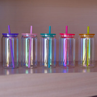 Nouvelle Tasse Créative Colorée en Verre Borosilicate de 16 oz avec Paille, Couvercles en Plastique PP Effet Nacre, Résistante aux Hautes Températures et Anti-Fuite