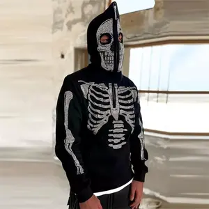 Streetwear Custom Rhinestone Skeleton Full Zip Up Hoodie Men