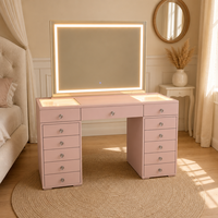 Coiffeuse blanche avec poignées en cristal facetté et miroir LED à capteur tactile, options multicolores, service OEM ODM