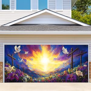 ป้ายตกแต่งประตูโรงรถธีมอีสเตอร์ ลายพระอาทิตย์ขึ้น นกพิราบ และกางเขนดอกไม้ ผ้าคลุมประตูโรงรถขนาดใหญ่ ของตกแต่งธีมฤดูใบไม้ผลิสำหรับกลางแจ้ง - Product Image 4