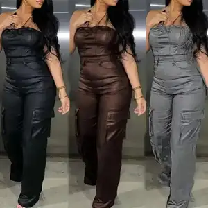 ZheZhe Dropshipingแฟชั่นเซ็กซี่Jumpsuitผู้หญิงBodyconผอมBodysuit One PieceหนังRompers Cargo Jumpsuit