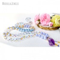 MN34517 Labradorite Aquamarine Agate Mala 108 Butir Manik Amethyst Liontin Yoga Chakra Penyembuhan Perhiasan Boho untuk Wanita