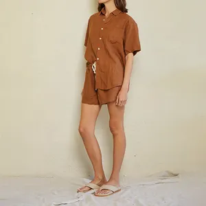 여성 캐주얼 2 조각 세트 의상 맞춤 버튼 셔츠 기본 느슨한 코튼 반바지 여성 리넨 Loungewear 세트 레이디 휴가 복장