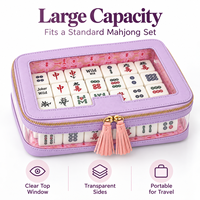 Sac de rangement Mahjong en PU violet clair, étui rigide avec fenêtre transparente, étanche, grande capacité, sac à main portable avec fermeture éclair à pompon