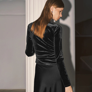 Top de manga larga de terciopelo con ribete de encaje y escote asimétrico para mujer, tops de punto de color liso, ajuste ceñido para actuaciones en escenario - Product Image 3