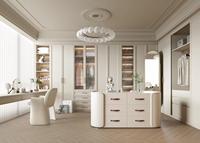 Dressing sur mesure moderne en MDF blanc crème avec table de maquillage intégrée et bureau d'étude pour villa, mobilier personnalisé pour toute la maison