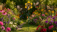 Mangeoire à oiseaux tournesol sur piquet de sol, avec plateau en maille décoratif en forme de feuille, en fer, pour oiseaux sauvages, décoration de jardin et pelouse, style antique, écologique