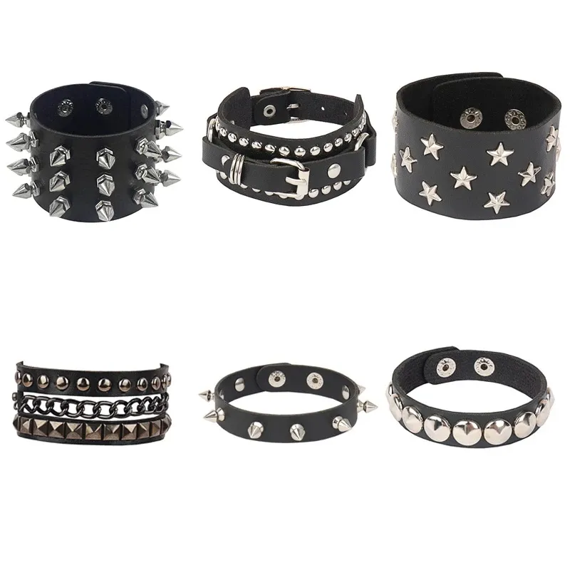 Fashion Gothic Punk Unique Spikes Rivet Stud Wide Cuff Bracelet Leather Punk Gothic Rock Bangle Bracelet Women Men Jewelry