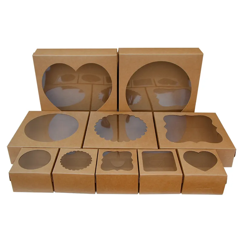 Ciambelle di carta Kraft eco-marrone scatola per biscotti macaron con scatola per torta trasparente per finestra i campioni di carta richiedono solo il trasporto