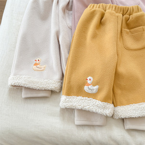 Girls Winter Fleece <b>Lined</b> <b>Pants</b> Solid Color Cotton With Duck Patch For Baby Casual Wear - Product Image 3