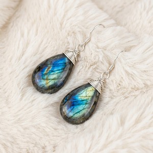 Ear Enlace Oem Odm Silver Plated Wire Wrapped Water Drop Labradorite Dangle <b>Hook</b> <b>Earrings</b> Natural Gemstone Women Jewelry - Product Image 2