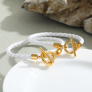 Bracelet en acier inoxydable plaqué or 18 carats avec fermoir OT en forme de fleur et cuir microfibre blanc, bijoux tendance pour femmes, mode quotidienne - Product Image 4