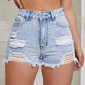 กางเกงยีนส์ขาสั้นเอวสูงสำหรับผู้หญิง OEM ขายดีประจำฤดูร้อน ดีไซน์ขาดๆ เรียบง่าย แฟชั่นทันสมัย ทรงตรง ผ้าทอ ซักแล้ว - Product Image 1