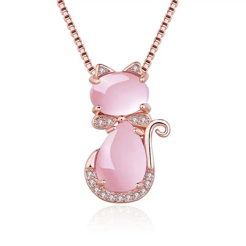 Rose Gold Plated Natural Pink Crystal Cat Pendant Necklace Chain Women's Jewelry