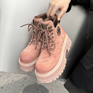 Bottes de combat vintage en daim pour femmes, bottines courtes à lacets et talon épais, chaussures d'extérieur pour l'automne et l'hiver - Product Image 1
