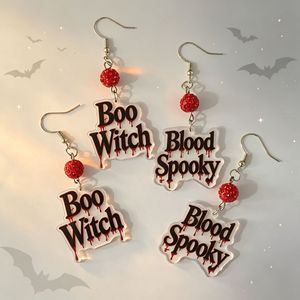 Boucles d'oreilles pendantes en acrylique avec lettres effet sang coulant pour Halloween, motif Boo Sorcière et texte effrayant, bijoux de fête gothiques - Product Image 1