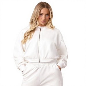 Women <b>White</b> <b>Tracksuit</b> Full Sleeve Solid Color Casual Zipper Front Loose Fit Sweatshirt With Side Pockets Spring Wear - Product Image 2
