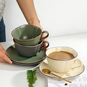 Ensemble tasse et soucoupe à café en céramique européenne 280 ml avec logo personnalisé, mug vintage pour latte art, écologique, réutilisable, cadeau pour café - Product Image 2
