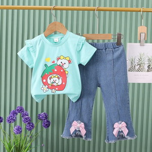 Estivo da <span class=keywords><strong>bambina</strong></span> Casual due pezzi nuovo cartone animato unicorno manica corta Bowknot <span class=keywords><strong>pantaloni</strong></span> lunghi in Denim con tessuto - Product Image 3