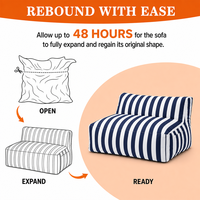 Nouveau design de canapé de jardin en forme de pouf, emballage en boîte, imperméable, rayé bleu marine et blanc, sans accoudoirs, mobilier côtier pour extérieur, plage, patio