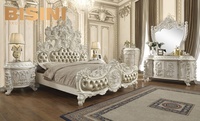 Ensemble de chambre à coucher en bois sculpté à la main de style rococo français de luxe, blanc antique, lit king-size de style palais royal