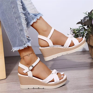 Wholesale Summer Women's High-Heeled New Cross-Border Straight Strap Thick Soled <b>Height</b> <b>Increasing</b> Wedge Sandals - Product Image 2