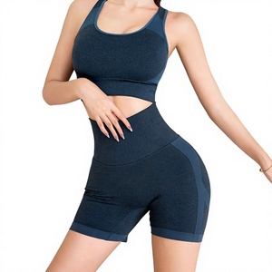 Ensemble soutien-gorge de sport et short pour femme, haute performance, extensible dans quatre directions, en Spandex, avec coussinets amovibles, bleu foncé, panneau en maille, pour le yoga et les activités sportives - Product Image 1